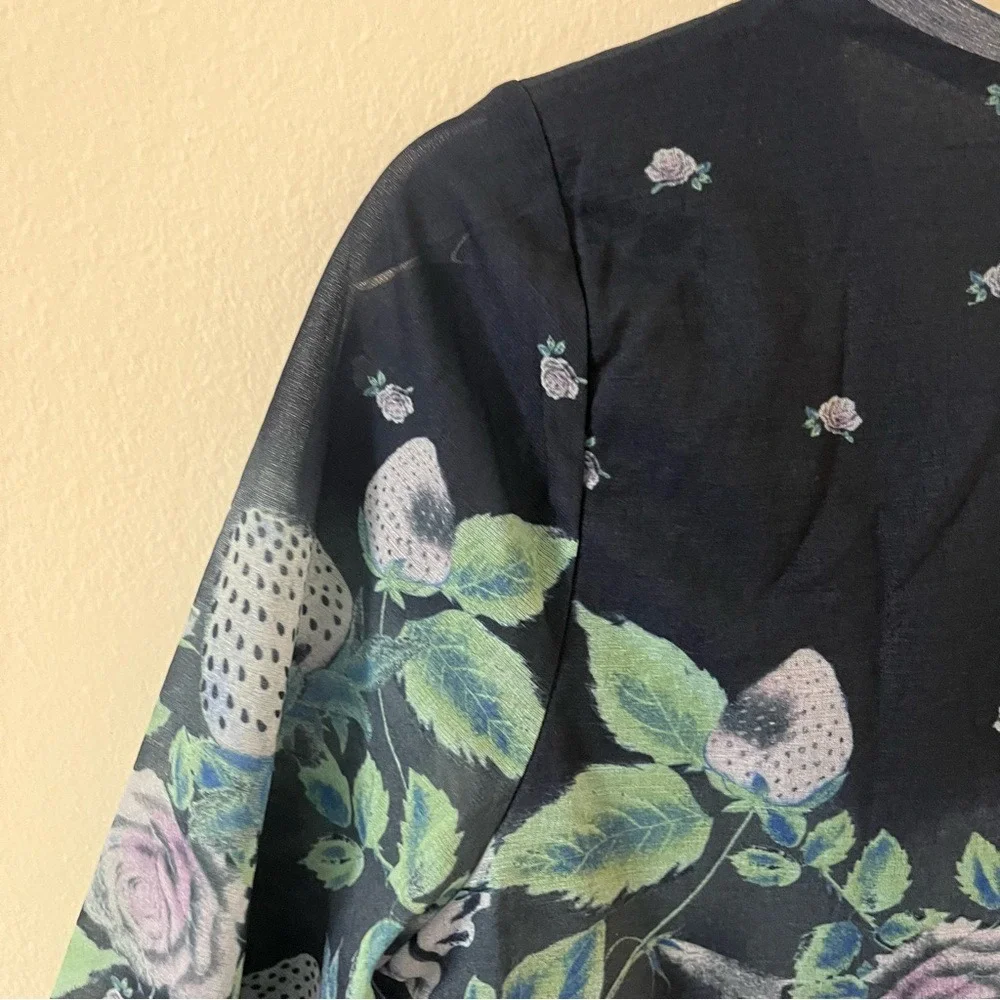 Free People Home Grown Mesh‎ Cardi Navy Blue Combo Floral Button down Small NWOT